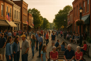 Peaceful main street with rustic shops and old brick buildings capturing the charm of a small town in Tennessee.
