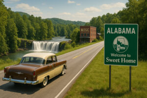 A scenic roadside Alabama spot with local food and cozy Southern atmosphere, capturing the charm of hidden gems in Alabama.