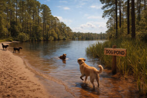 A peaceful shoreline scene in Gulf Shores AL, showing the calm coastal setting and natural beauty often found near dog beaches in Gulf Shores AL.