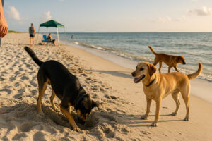 A peaceful shoreline scene in Gulf Shores AL, showing the calm coastal setting and natural beauty often found near dog beaches in Gulf Shores AL.