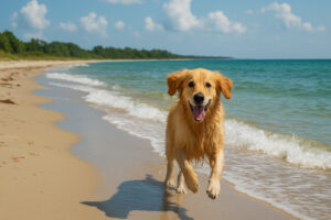A peaceful shoreline scene in Gulf Shores AL, showing the calm coastal setting and natural beauty often found near dog beaches in Gulf Shores AL.