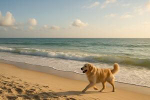 A peaceful shoreline scene in Gulf Shores AL, showing the calm coastal setting and natural beauty often found near dog beaches in Gulf Shores AL.