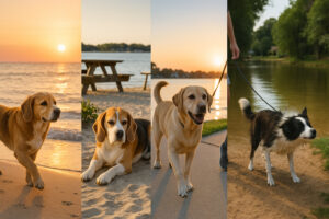 A peaceful shoreline scene in Gulf Shores AL, showing the calm coastal setting and natural beauty often found near dog beaches in Gulf Shores AL.