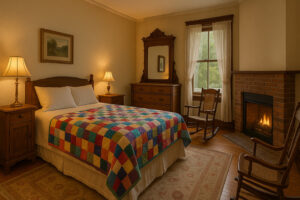 A charming countryside setting with warm, inviting decor similar to what guests might experience at a cozy bed and breakfast in Wisconsin Dells.