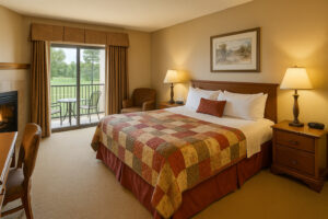 A charming countryside setting with warm, inviting decor similar to what guests might experience at a cozy bed and breakfast in Wisconsin Dells.