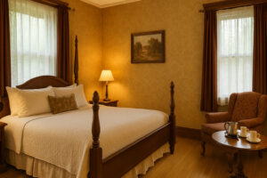 A charming countryside setting with warm, inviting decor similar to what guests might experience at a cozy bed and breakfast in Wisconsin Dells.