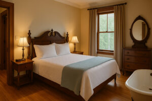 A charming countryside setting with warm, inviting decor similar to what guests might experience at a cozy bed and breakfast in Wisconsin Dells.