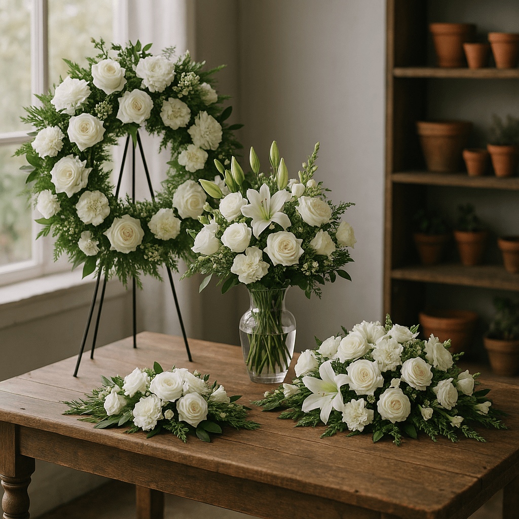 Elegant white sympathy flower arrangements featuring roses, lilies, and carnations displayed in a peaceful Traverse City florist shop with soft natural lighting and wooden decor.