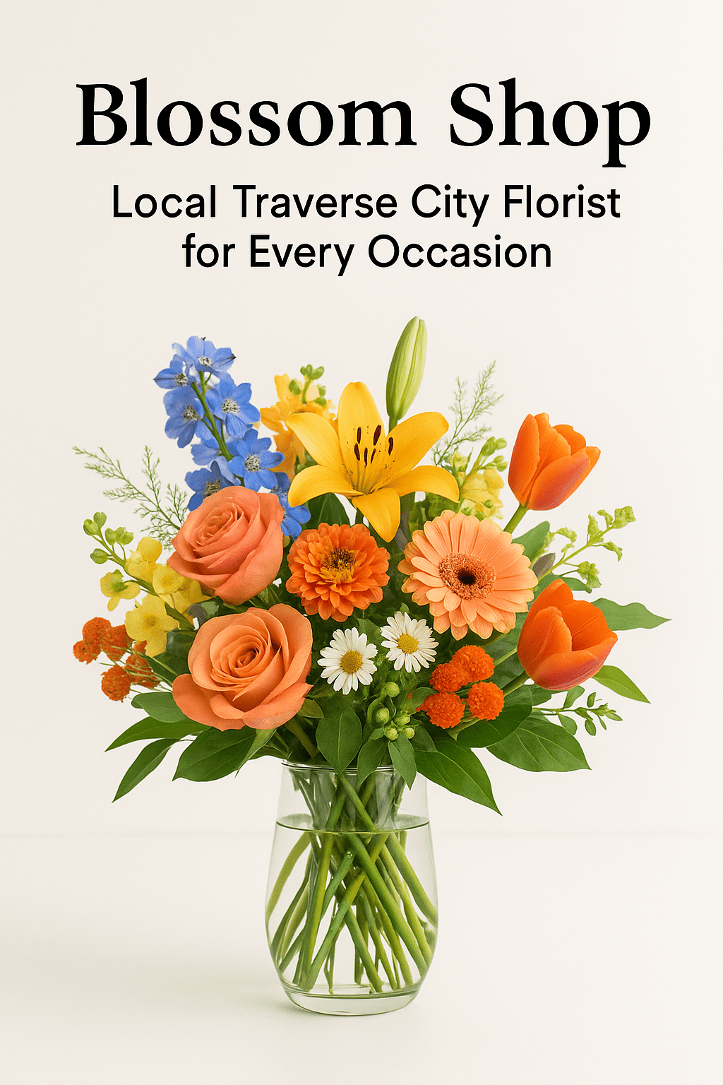 A bright floral arrangement in a glass vase featuring orange roses, tulips, yellow lilies, and blue delphiniums with text above reading “Blossom Shop – Local Traverse City Florist for Every Occasion” on a white background.
