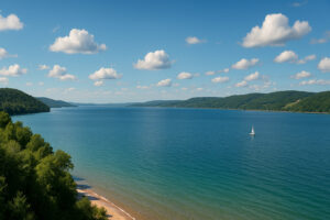 Panoramic view of Grand Traverse Bay Michigan with calm blue water, green shoreline, and sailboat under summer clouds near Traverse City.