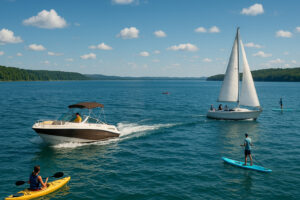 Boating and paddleboarding on Grand Traverse Bay Michigan with sailboats, kayaks, and clear blue summer water near Traverse City.