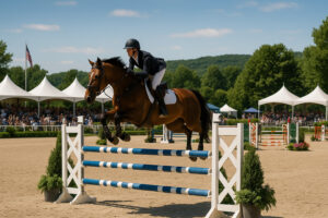 Rider competing in show jumping at the Traverse City Horse Show in Flintfields Horse Park, northern Michigan.
