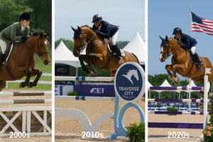 Evolution of the Traverse City Horse Show from 2000s to 2020s showing riders jumping at Flintfields Horse Park Michigan.