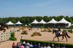 Show jumping competition at the Traverse City Horse Show with riders, horses, and spectators at Flintfields Horse Park Michigan.