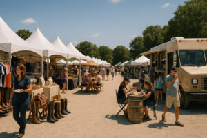 Visitors shopping and dining at vendor stalls during the Traverse City Horse Show at Flintfields Horse Park in northern Michigan.