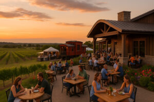 Couples dining at a Traverse City winery at sunset after a day at the Traverse City Horse Show in northern Michigan.