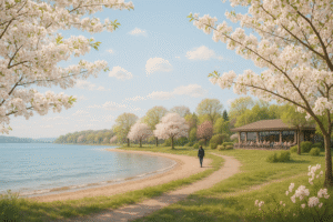 Cherry blossoms along Grand Traverse Bay Michigan shoreline in spring with walking path and scenic waterfront near Traverse City.