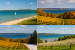 Four seasons of Grand Traverse Bay Michigan showing sailboats, vineyards, fall foliage, and cherry blossoms near Traverse City.