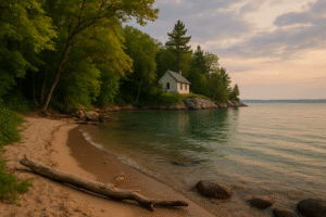 Secluded sandy cove on Grand Traverse Bay Michigan with forest cabin, calm water, and sunset sky near Traverse City.