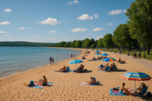 Sunny summer day at Clinch Park Traverse City beach with families relaxing under umbrellas along West Bay Michigan shoreline.