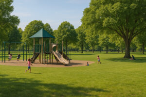 Children playing on the playground surrounded by green lawns and shade trees at Clinch Park Traverse City Michigan.
