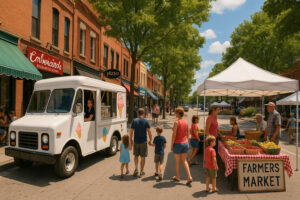 Families enjoying downtown Traverse City near Clinch Park with ice cream truck and farmers market on a sunny summer day in Michigan.