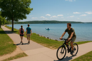 Cyclist and walkers enjoying the scenic waterfront path at Clinch Park Traverse City overlooking West Bay Michigan on a sunny day.