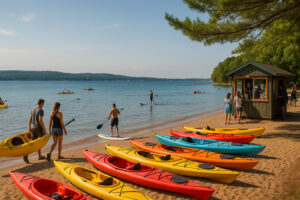 Colorful kayaks and paddleboards lined up on the sandy shore at Clinch Park Traverse City with families enjoying West Bay Michigan.