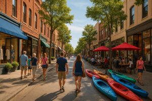 Visitors walking along Front Street near Clinch Park Traverse City with outdoor cafés, shops, and colorful kayaks on a sunny Michigan day.