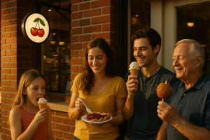 Family enjoying cherry pie, caramel apples, and ice cream near Clinch Park Traverse City after a summer day on the waterfront in Michigan.