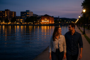 Couple walking along the Clinch Park Traverse City waterfront at twilight with city lights reflecting on West Bay Michigan.