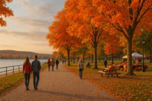 People walking under colorful fall foliage along the Clinch Park Traverse City waterfront overlooking West Bay Michigan in autumn.