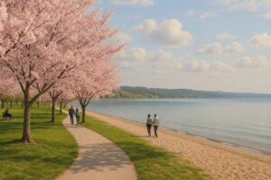 Cherry blossoms blooming along the sandy shoreline at Clinch Park Traverse City with people walking beside West Bay Michigan in spring.
