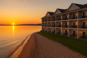 The Beach Hotel Traverse City Michigan overlooking Grand Traverse Bay with sandy shoreline and sunset views.