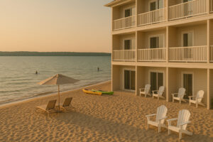 The Beach Hotel Traverse City Michigan overlooking Grand Traverse Bay with sandy shoreline and sunset views.