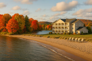 The Beach Hotel Traverse City Michigan overlooking Grand Traverse Bay with sandy shoreline and sunset views.