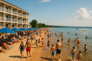 The Beach Hotel Traverse City Michigan overlooking Grand Traverse Bay with sandy shoreline and sunset views.