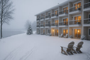 The Beach Hotel Traverse City Michigan overlooking Grand Traverse Bay with sandy shoreline and sunset views.