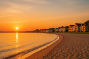 The Beach Hotel Traverse City Michigan overlooking Grand Traverse Bay with sandy shoreline and sunset views.