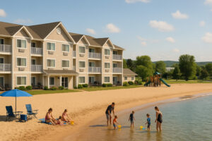 The Beach Hotel Traverse City Michigan overlooking Grand Traverse Bay with sandy shoreline and sunset views.