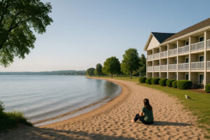 The Beach Hotel Traverse City Michigan overlooking Grand Traverse Bay with sandy shoreline and sunset views.