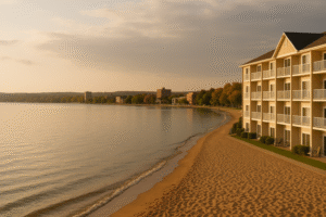 The Beach Hotel Traverse City Michigan overlooking Grand Traverse Bay with sandy shoreline and sunset views.