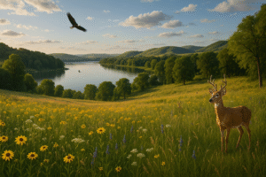 Scenic view of Lake Traverse Reservation showcasing serene waters, lush green shoreline, and natural beauty highlighting Native American heritage.