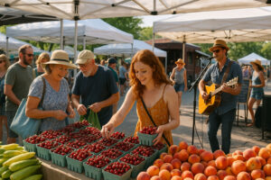 Colorful stalls at the Traverse City Farmers Market showcasing fresh local produce, flowers, and handmade goods in downtown Traverse City.