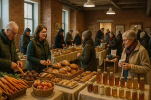 Colorful stalls at the Traverse City Farmers Market showcasing fresh local produce, flowers, and handmade goods in downtown Traverse City.