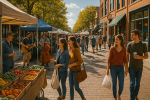 Colorful stalls at the Traverse City Farmers Market showcasing fresh local produce, flowers, and handmade goods in downtown Traverse City.