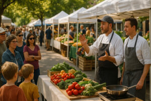 Colorful stalls at the Traverse City Farmers Market showcasing fresh local produce, flowers, and handmade goods in downtown Traverse City.