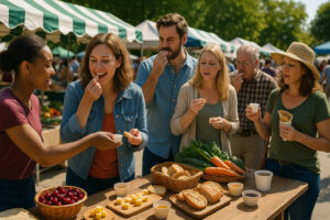Colorful stalls at the Traverse City Farmers Market showcasing fresh local produce, flowers, and handmade goods in downtown Traverse City.