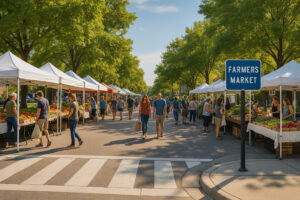 Colorful stalls at the Traverse City Farmers Market showcasing fresh local produce, flowers, and handmade goods in downtown Traverse City.