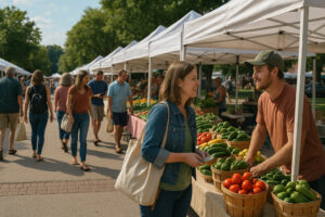 Colorful stalls at the Traverse City Farmers Market showcasing fresh local produce, flowers, and handmade goods in downtown Traverse City.